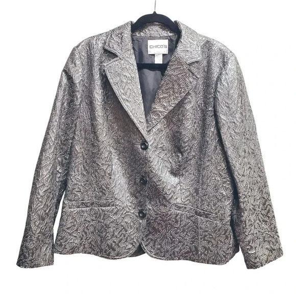 Chico's Y2K Vintage Dark Silver Gray Metallic Jacquard Textured Jacket Blazer 3 - Picture 1 of 12